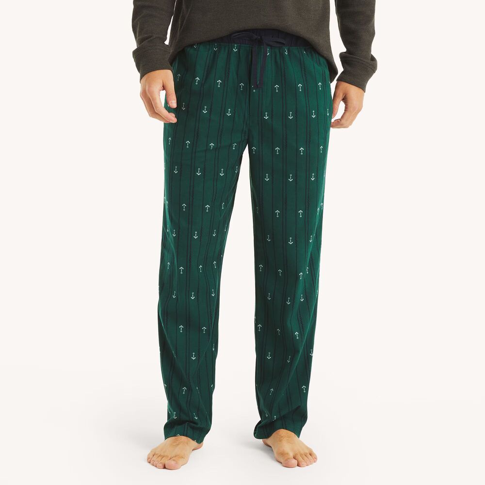 NAUTICA Pajama Pants Mens Medium Green Soft Stretch Fleece Sleepwear Anchor Logo